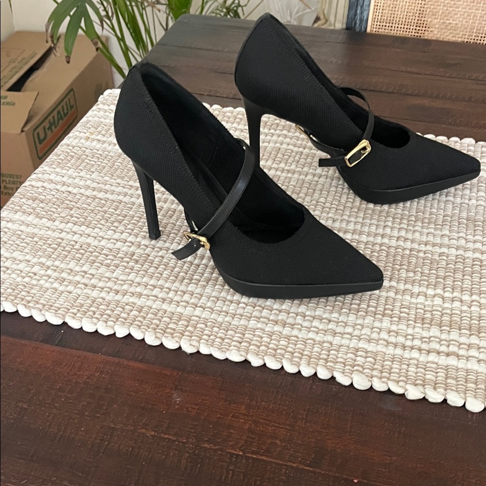 Elegant Black Pointed Mary Jane Stilettos with Gold Buckle